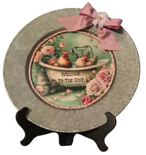 Galvanized Metal Round Charger Plate With Hanging Hook Decoupaged Farmhouse Country Wall Art Shelf Sitter WELCOME TO THE COOP Bathroom Decor Handmade Gift Idea - JAMsCraftCloset
