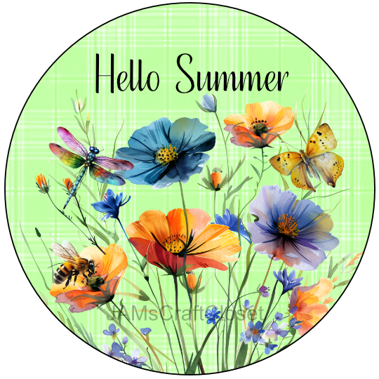 ROUND Digital Graphic Design HELLO SUMMER Green With Dragonfly Butterfly Bee Floral Wedding Gift First Home Sublimation Decoupage PNG SVG Country Farmhouse Home Decor Wall Art Shelf Sitter Gift Crafters Delight - JAMsCraftCloset