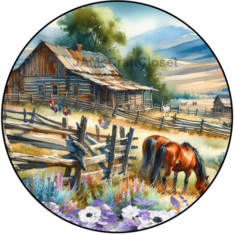 ROUND Digital Graphic Design HOUSE AND HORSES- Farm Scene Floral Wedding Gift First Home Sublimation Decoupage PNG SVG Country Farmhouse Home Kitchen Decor Wall Art Shelf Sitter Gift Crafters Delight - JAMsCraftCloset