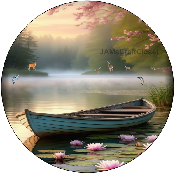 ROUND Digital Graphic Design LONELY BOAT WITH DEER AND FISH Decor Lake Scene With Animals First Home Sublimation Decoupage PNG SVG Country Farmhouse Home Decor Wall Art Shelf Sitter Gift Crafters Delight - JAMsCraftCloset