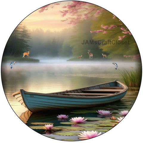 ROUND Digital Graphic Design LONELY BOAT WITH DEER AND FISH Decor Lake Scene With Animals First Home Sublimation Decoupage PNG SVG Country Farmhouse Home Decor Wall Art Shelf Sitter Gift Crafters Delight - JAMsCraftCloset