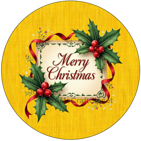 ROUND Digital Graphic Design &nbsp;Merry Christmas Holly Berries Yellow Background - CHRISTMAS DESIGN PNG-JPEG-PDF-SVG-Decoupage-Sublimation Design Graphic Country Farmhouse Home Decor HOLIDAY Decor Gift Crafters Delight - JAMsCraftCloset