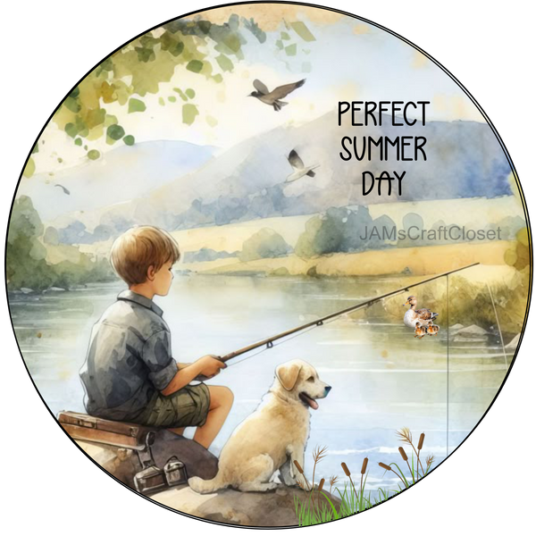 ROUND Digital Graphic Design PERFECT SUMMER DAY Little Boy and Dog Fishing First Home Sublimation Decoupage PNG SVG Country Farmhouse Home Decor Wall Art Shelf Sitter Gift Crafters Delight - JAMsCraftCloset