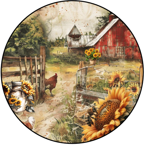 ROUND Digital Graphic Design RED BARN AND SUNFLOWERS - Farm Scene Floral Wedding Gift First Home Sublimation Decoupage PNG SVG Country Farmhouse Home Kitchen Decor Wall Art Shelf Sitter Gift Crafters Delight - JAMsCraftCloset