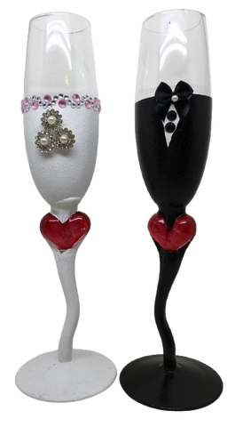 Stemware Glasses BRIDE and GROOM Champagne Toasting Glasses WEDDING Hand Painted Black and White With Bling and Heart Barware Bar Decor Drinkware Kitchen Decor Country Decor Gift One of a Kind - JAMsCraftCloset