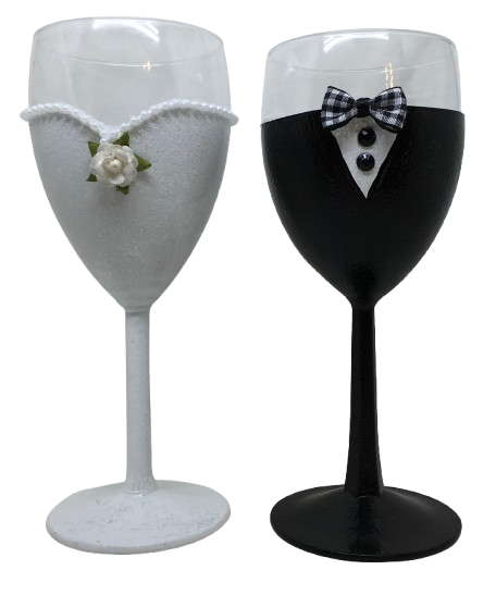 Stemware Glasses BRIDE and GROOM WINE Toasting Glasses WEDDING Hand Painted Black and White With Bling, Rose. Plaid Tie - JAMsCraftCloset