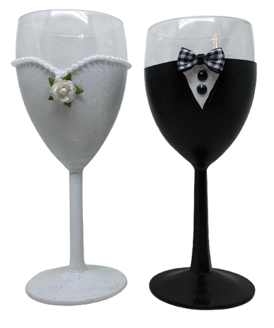 Stemware Glasses BRIDE and GROOM WINE Toasting Glasses WEDDING Hand Painted Black and White With Bling, Rose. Plaid Tie - JAMsCraftCloset