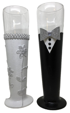 BRIDE and GROOM BEER Toasting Glasses WEDDING Hand Painted Black and White With Bling, Lace, and Silver Glitter Tie - JAMsCraftCloset
