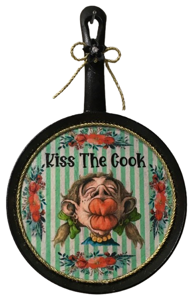 CAST IRON Frying Pan MINI Black KISS THE COOK Farmhouse Country KITCHEN Wall Art Handmade Hand Painted Decoupaged Repurposed Upcycled Gift Idea Crafters Delight - JAMsCraftCloset