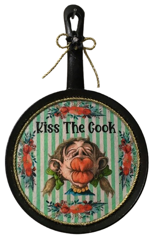 CAST IRON Frying Pan MINI Black KISS THE COOK Farmhouse Country KITCHEN Wall Art Handmade Hand Painted Decoupaged Repurposed Upcycled Gift Idea Crafters Delight - JAMsCraftCloset