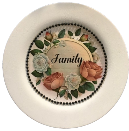 TRAY WHITE PLASTIC ROUND Decoupaged Hand Painted Upcycled Repurposed FAMILY With ROSES - Home Decor Wall Art Shelf Sitter Gift - JAMsCraftCloset