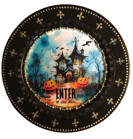 CHARGER PLATE BLACK PLASTIC ROUND Halloweens DECOUPAGED Upcycled Repurposed Wall Art or Shelf Sitter ENTER IF YOU DARE Holiday Home Decor Gift - JAMsCraftCloset