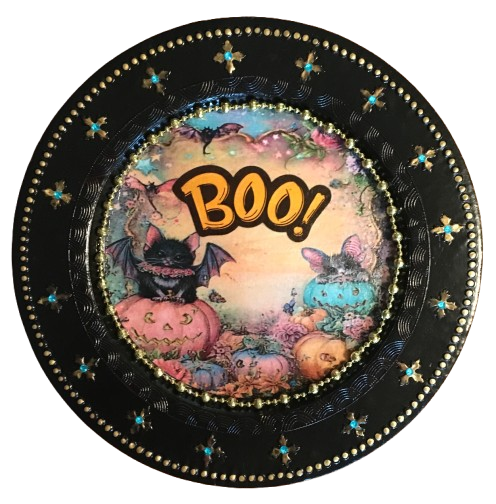 CHARGER PLATE BLACK PLASTIC ROUND Halloweens DECOUPAGED Upcycled Repurposed Wall Art or Shelf Sitter BOO Holiday Home Decor Gift - JAMsCraftCloset