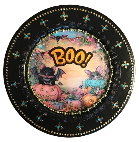 CHARGER PLATE BLACK PLASTIC ROUND Halloweens DECOUPAGED Upcycled Repurposed Wall Art or Shelf Sitter BOO Holiday Home Decor Gift - JAMsCraftCloset