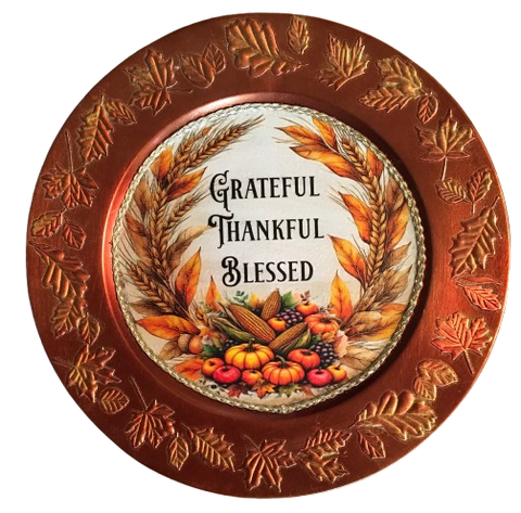 CHARGER PLATE BRONZE PLASTIC ROUND THANKSGIVING - FAITH - DECOUPAGED Upcycled Repurposed Wall Art or Shelf Sitter GRATEFUL THANKFUL BLESSED Holiday Home Decor Gift - JAMsCraftCloset