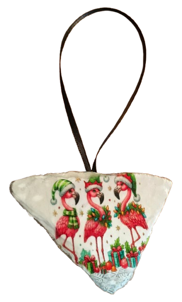 Antique West Virginia Roof Decoupaged Christmas Ornament - 3 Flamingos With Packages - Handmade Holiday Tree Decor Unique Beach Lake House Gift - JAMsCraftCloset