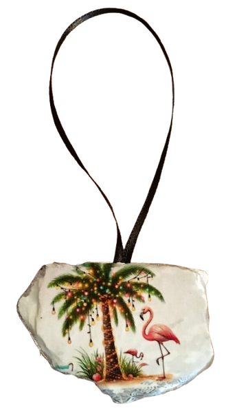 Antique West Virginia Roof Decoupaged Christmas Ornament - Flamingo With Packages - Handmade Holiday Tree Decor Unique Beach Lake House Gift - JAMsCraftCloset