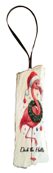 Antique West Virginia Roof Decoupaged Christmas Ornament - Flamingo Deck The Halls WREATH - Handmade Holiday Tree Decor Unique Beach Lake House Gift - JAMsCraftCloset