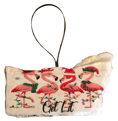 Antique West Virginia Roof Decoupaged Christmas Ornament - 4 Flamingos Get Lit - Handmade Holiday Tree Decor Unique Beach Lake House Gift - JAMsCraftCloset