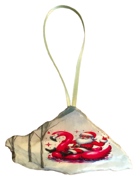Antique West Virginia Roof Decoupaged Christmas Ornament - Santa Sliding On A Flamingo - Handmade Holiday Tree Decor Unique Beach Lake House Gift - JAMsCraftCloset