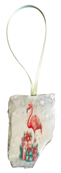 Antique West Virginia Roof Decoupaged Christmas Ornament - Flamingo With Packages - Handmade Holiday Tree Decor Unique Beach Lake House Gift - JAMsCraftCloset