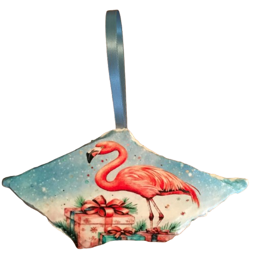 Antique West Virginia Roof Decoupaged Christmas Ornament - Flamingo With Package - Handmade Holiday Tree Decor Unique Beach Lake House Gift - JAMsCraftCloset