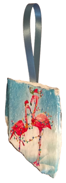 Antique West Virginia Roof Decoupaged Christmas Ornament - Flamingos With Lights - Handmade Holiday Tree Decor Unique Beach Lake House Gift - JAMsCraftCloset