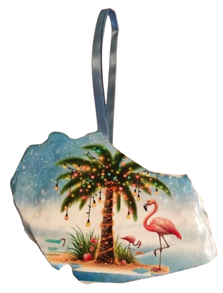 Antique West Virginia Roof Decoupaged Christmas Ornament - Flamingo With Palm Tree 2 - Handmade Holiday Tree Decor Unique Beach Lake House Gift - JAMsCraftCloset