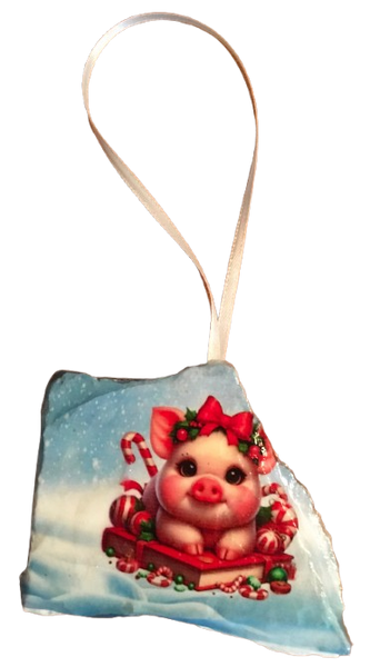 Antique West Virginia Roof Decoupaged Christmas Ornament - PIG WITH CANDY - Handmade Holiday Tree Decor Unique Country Farmhouse House Decor Gift - JAMsCraftCloset