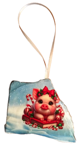 Antique West Virginia Roof Decoupaged Christmas Ornament - PIG WITH CANDY - Handmade Holiday Tree Decor Unique Country Farmhouse House Decor Gift - JAMsCraftCloset