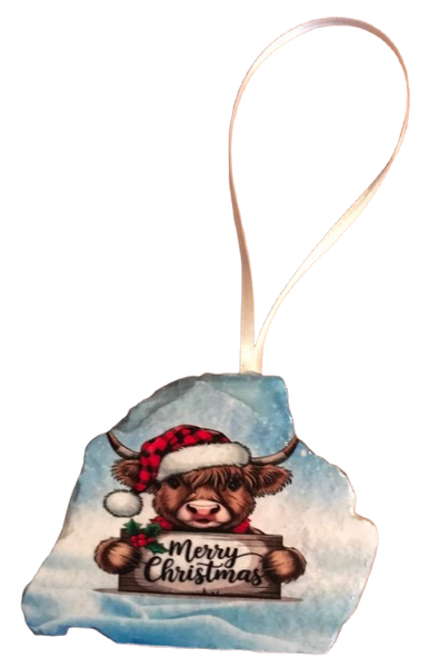 Antique West Virginia Roof Decoupaged Christmas Ornament - HIGHLAND COW MERRY CHRISTMAS 2 - Handmade Holiday Tree Decor Unique Country Farmhouse House Decor Gift