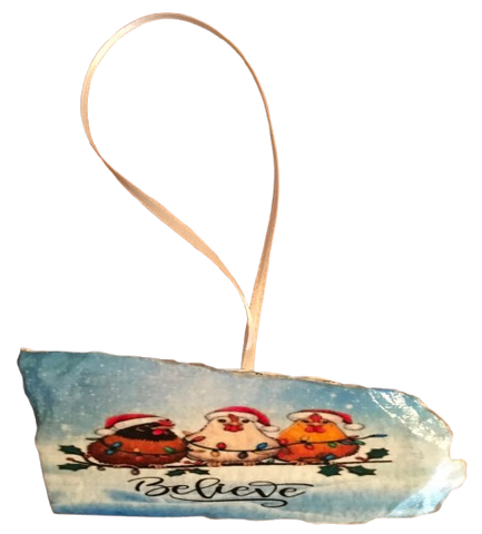 Antique West Virginia Roof Decoupaged Christmas Ornament - 3 CHICKENS BELIEVE- Handmade Holiday Tree Decor Unique Country Farmhouse House Decor Gift - JAMsCraftCloset