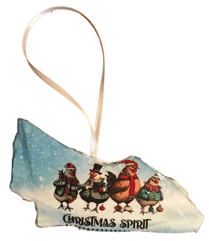 Antique West Virginia Roof Decoupaged Christmas Ornament - 4 CHICKENS CHRISTMAS SPIRIT - Handmade Holiday Tree Decor Unique Country Farmhouse House Decor Gift - JAMsCraftCloset