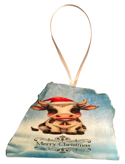 Antique West Virginia Roof Decoupaged Christmas Ornament - COW TWO BELLS MERRY CHRISTMAS - Handmade Holiday Tree Decor Unique Country Farmhouse House Decor Gift - JAMsCraftCloset