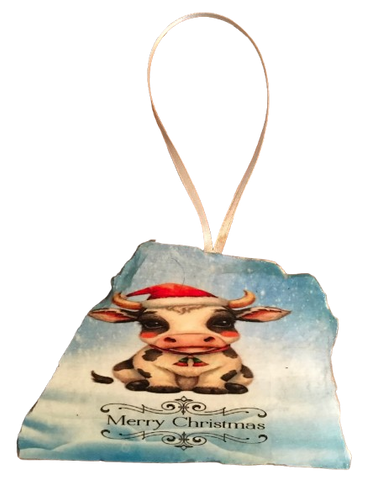 Antique West Virginia Roof Decoupaged Christmas Ornament - COW TWO BELLS MERRY CHRISTMAS - Handmade Holiday Tree Decor Unique Country Farmhouse House Decor Gift - JAMsCraftCloset