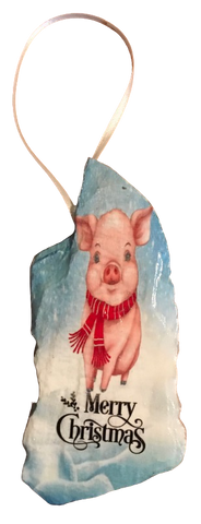 Antique West Virginia Roof Decoupaged Christmas Ornament - PIG WITH SCARF MERRY CHRISTMAS - Handmade Holiday Tree Decor Unique Country Farmhouse House Decor Gift - JAMsCraftCloset