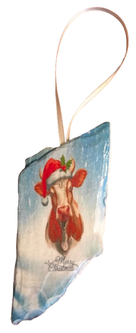Antique West Virginia Roof Decoupaged Christmas Ornament - COW WITH HAT MERRY CHRISTMAS - Handmade Holiday Tree Decor Unique Country Farmhouse House Decor Gift - JAMsCraftCloset