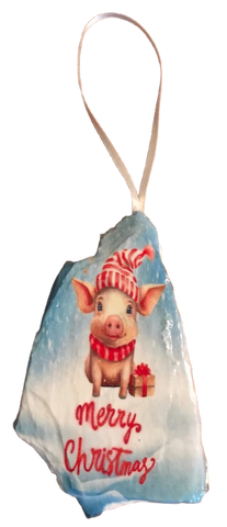 Antique West Virginia Roof Decoupaged Christmas Ornament - PIG WITH HAT PACKAGE MERRY CHRISTMAS - Handmade Holiday Tree Decor Unique Country Farmhouse House Decor Gift - JAMsCraftCloset