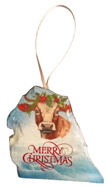 Antique West Virginia Roof Decoupaged Christmas Ornament - COW HOLLY AND BERRIES MERRY CHRISTMAS - Handmade Holiday Tree Decor Unique Country Farmhouse House Decor Gift - JAMsCraftCloset