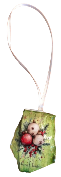 Antique West Virginia Roof Decoupaged Christmas Ornament - HOLLY BERRIES MERRY CHRISTMAS - Handmade Holiday Tree Decor Unique Country Farmhouse House Decor Gift - JAMsCraftCloset