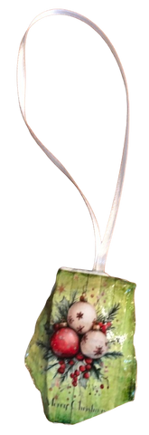 Antique West Virginia Roof Decoupaged Christmas Ornament - HOLLY BERRIES MERRY CHRISTMAS - Handmade Holiday Tree Decor Unique Country Farmhouse House Decor Gift - JAMsCraftCloset