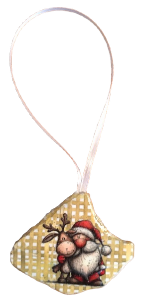 Antique West Virginia Roof Decoupaged Christmas Ornament - SANTA WITH DEER - Handmade Holiday Tree Decor Unique Country Farmhouse House Decor Gift - JAMsCraftCloset