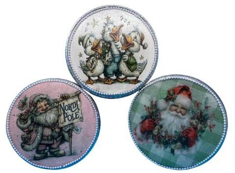 Tin Decoupaged Round Storage Tin CHRISTMAS Scenes SANTA and SINGING DUCKS Country Farmhouse HOME Decor Handmade Gift Repurposed Upcycled - JAMsCraftCloset