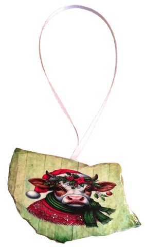 Antique West Virginia Roof Decoupaged Christmas Ornament - COW WITH HAT AND SCARF - Handmade Holiday Tree Decor Unique Country Farmhouse House Decor Gift - JAMsCraftCloset