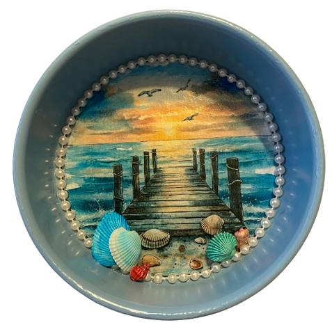 Metal Cake Pan Round Aqua PIER And SHELLS - BEACH COASTAL DECOR Wall Art Handmade Hand Painted DECOUPAGED Repurposed Upcycled Wedding Gift - JAMsCraftCloset