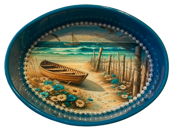 SMALL METAL AQUA OVAL CAKE PAN Beach Coastal Home Decor BOAT FENCE AQUA BLUE WHITE FLOWERS Wall Art Shelf Sitter DECOUPAGE Handmade Gift Idea {{ JAMsCraftCloset }}
