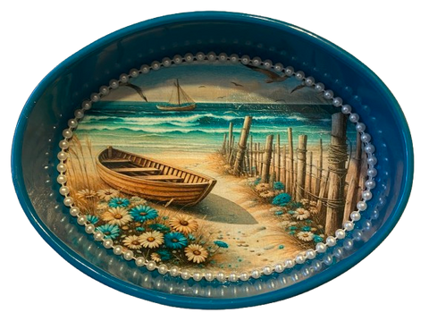 SMALL METAL AQUA OVAL CAKE PAN Beach Coastal Home Decor BOAT FENCE AQUA BLUE WHITE FLOWERS Wall Art Shelf Sitter DECOUPAGE Handmade Gift Idea {{ JAMsCraftCloset }}