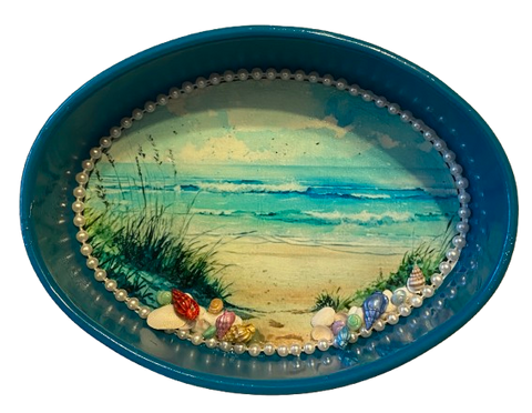 SMALL METAL AQUA OVAL CAKE PAN Beach Coastal Home Decor SEAGRASS SHELLS Wall Art Shelf Sitter DECOUPAGE Handmade Gift Idea {{ JAMsCraftCloset }}