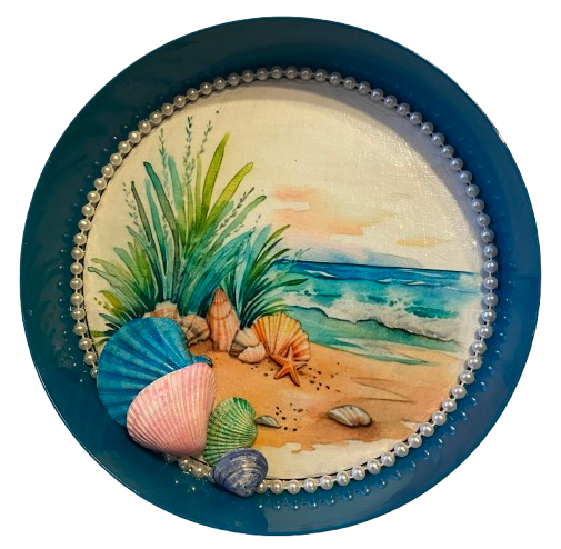 Metal Cake Pan Round Aqua Teal SEAGRASS AND SHELLS - BEACH COASTAL DECOR Wall Art Handmade Hand Painted DECOUPAGED Repurposed Upcycled Wedding Gift {{ JAMsCraftCloset }}