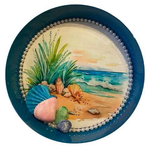 Metal Cake Pan Round Aqua Teal SEAGRASS AND SHELLS - BEACH COASTAL DECOR Wall Art Handmade Hand Painted DECOUPAGED Repurposed Upcycled Wedding Gift {{ JAMsCraftCloset }}